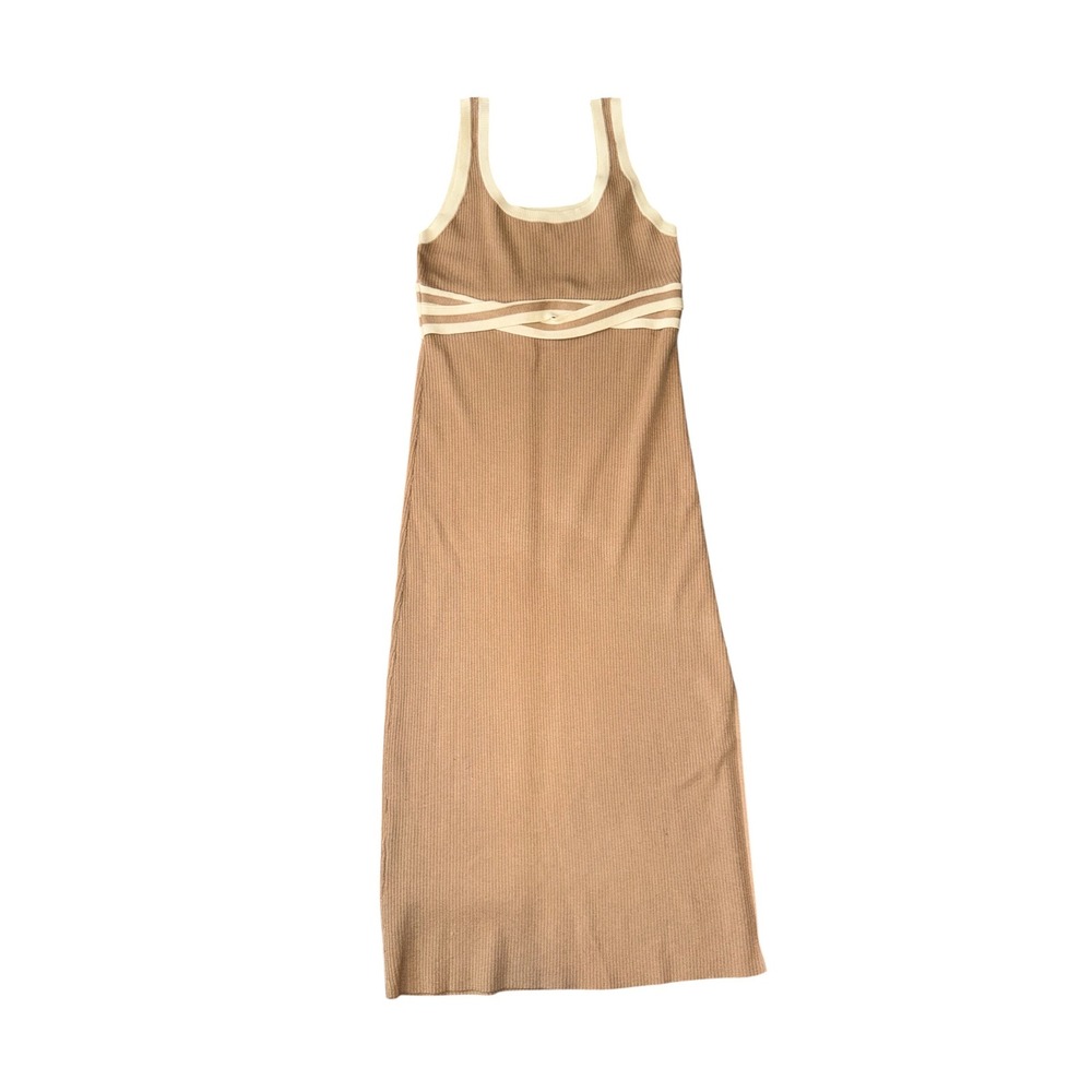 Le Lis Collection Midi Dress Womens M Tan Ribbed Knit Contrast Trim Slit